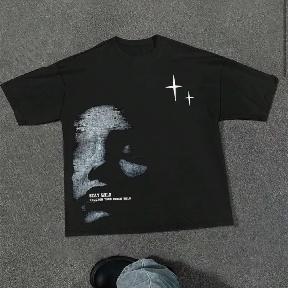 Calm black graphic design tee shirt with great price and quality